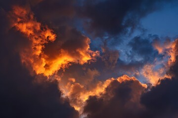 Majestic stormy cloud formations glowing with sunset hues over the horizon in the evening sky