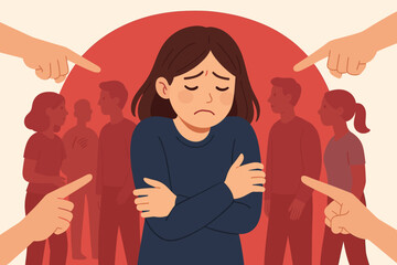 Social anxiety, social phobia, overwhelming fear of public judgment, shame, stressed woman, mental health, group pressure, accusatory fingers, isolation, psychological distress, depression