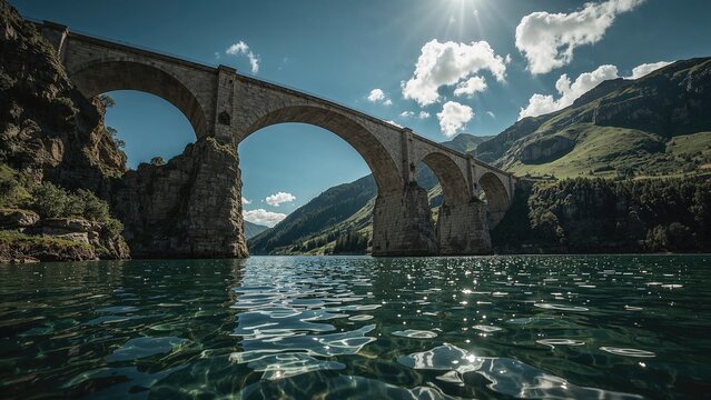 Perspective from below a bridge in mountainous terrain