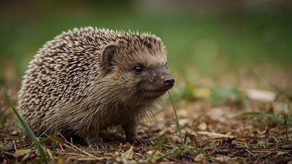 Fototapeta premium Detailed view of a wild spiny mammal in a woodland setting at the start of spring, facing forward with raised head, horizontal format and room for copy.