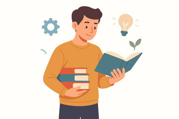 Male student reading book holding stack of textbooks, concept of studying, education, learning process, knowledge growth, creativity, innovation, flat vector illustration, academic skills