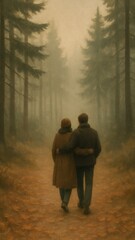 Fototapeta premium Couple walking through misty forest.