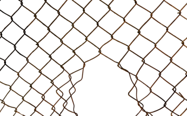 The texture of the metal mesh on a white background. Torn steel, metal mesh with holes