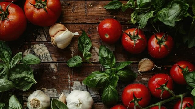 Fresh Red Tomatoes with Garlic and Basil on Rustic Wooden Table 4k video footage