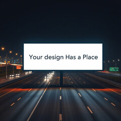 Large billboard in the middle of a wide main road, displaying the text your design has a place with a nighttime city background
