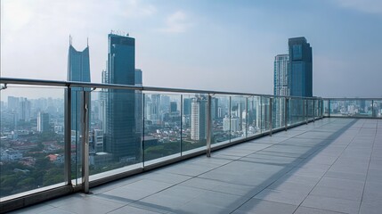 Obraz premium Modern urban rooftop terrace with glass railing overlooking cityscape, perfect for real estate and architecture designs