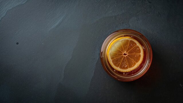 Glass jar containing black tea kombucha with fresh lemon and root ginger placed on a slate background with space for text