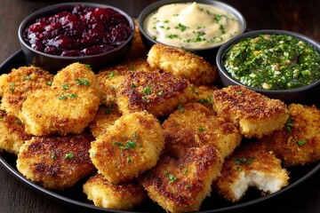 Fototapeta premium Crispy Golden Chicken Nuggets with Flavorful Dipping Sauces and Fresh Sides for a Delicious Meal