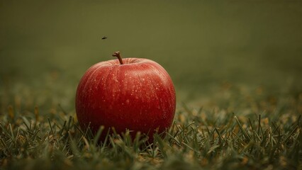 Focused red apple descending on a simple background
