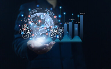 Goal, success, Businessman shows graph and globe icon on hand, Access to application technologies from virtual Global Internet connection, Marketing strategy digital, Business Goals
