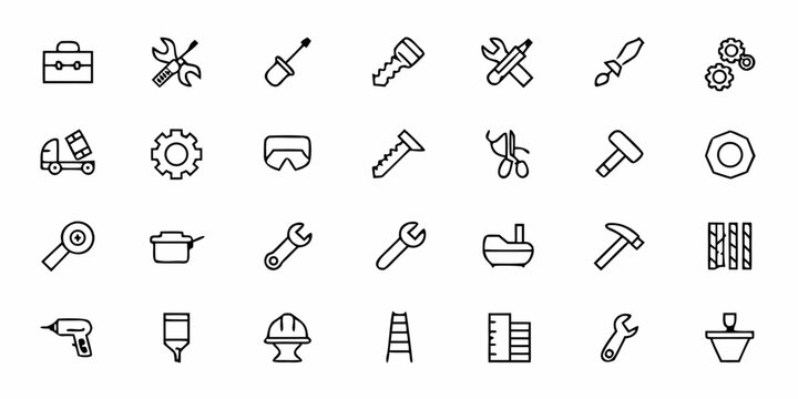 A practical collection of minimalist line art icons depicting repair tools, maintenance activities, and skilled craftsmanship. Perfect for handyman services, maintenance companies, and DIY platforms