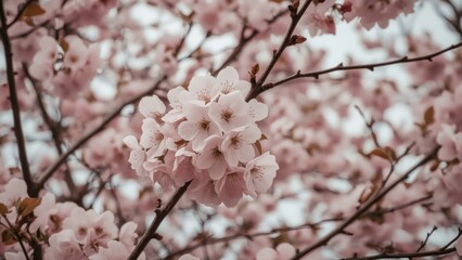 Gentle pastel shades highlight vibrant cherry flowers blossoming fully in spring, blending into light pink petals with a natural, romantic atmosphere.