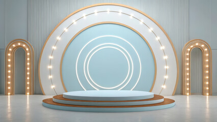Fototapeta premium Stylish stage with arched lighting frames and a layered podium, creating a chic ambiance