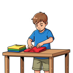 Boy Folding Clothes on Table Cartoon Style Illustration Brown Hair.