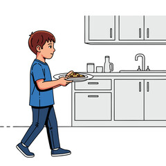 Boy Carrying Pizza Slice on Plate in Kitchen Cartoon Style.