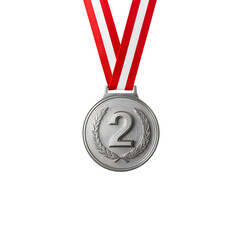 Silver medal with red and white ribbon isolated on transparent background