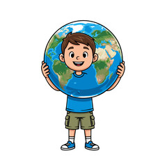 Boy Holding a Giant Earth Globe Cartoon Style Smiling Earth Day Concept.