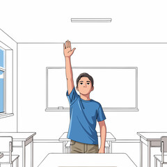 Boy Raising Hand in Classroom Asking Question Cartoon Style.