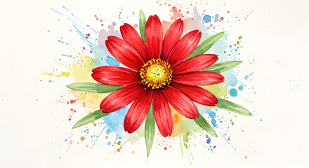 Abstract Abstract watercolor painting of a red Edelweiss, fluid forms and vibrant splashes Energetic