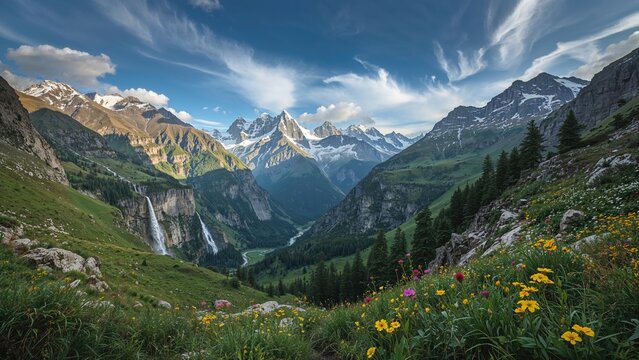 Adventuring Along a Trail Showcasing Mountain Heights, Snow-Laden Forests, and Stunning Waterfalls