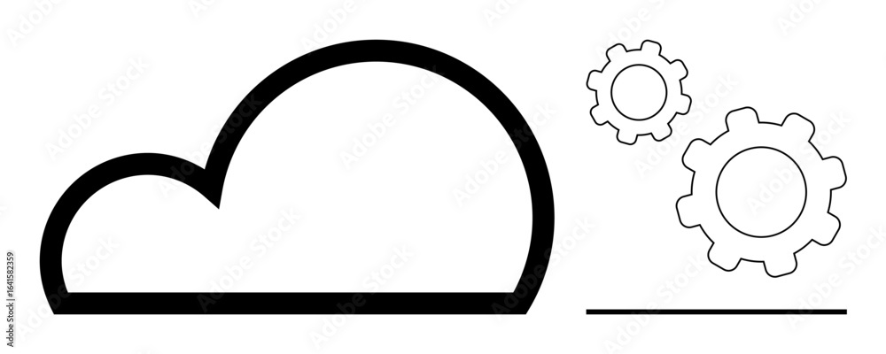 Wall mural bold cloud outline with two gear icons indicating system integration, cloud storage, software operat