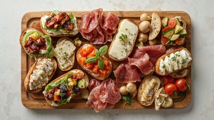 Selection of mixed bruschetta and genuine traditional small Spanish dishes arranged on a wooden board, viewed from above, copy space included