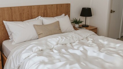 Relax in a bright, minimalist bedroom featuring unmade bedding, a comfy pillow, and a serene atmosphere.