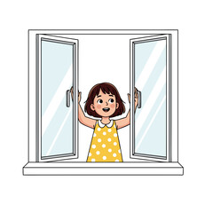 Cheerful cartoon girl in a yellow polkadot dress happily opening a white window looking outside with a smile.