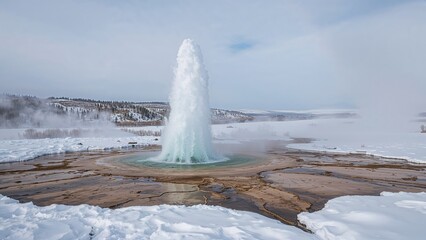 Famous geyser erupting during winter on a widely traveled circuit in the southwestern area