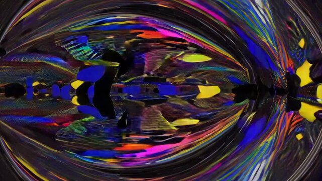 An infinite mirror maze where glowing walls reflect endlessly, colorful lights zip across the space, and the camera spins smoothly.