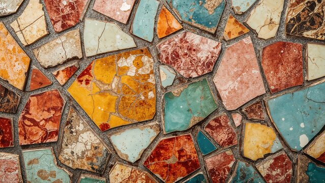An artistic composition of broken and repaired pottery segments fused into a vibrant, multicolored textured surface with red, brown, yellow, blue, and green tones.