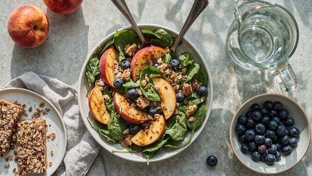 Colorful Salad with Peaches, Spinach, Seeds, and Blueberries Paired with Oat Bars and Balsamic Dressing Amidst a Sunny Setting