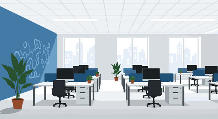 Modern open-plan office space with workstations and city view, ready for business.