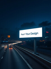 Illuminated billboard next to a main street with the text place for your design 