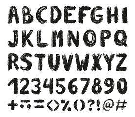 Ink grunge alphabet. Brush drawing roman letters, numbers and punctuation marks. Ink abc design set for banners, posters, cards, neoteric vector elements
