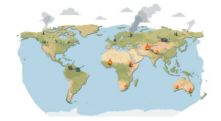 Global conflict and destruction depicted on world map with fires and artillery