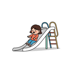 Obraz premium Happy cartoon girl with brown hair sliding down a colorful playground slide.