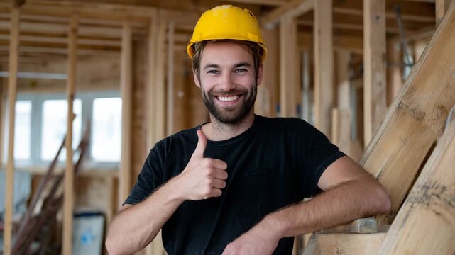 A young and satisfied builder giving a positive assessment of his work, against the background of the frame of a house under construction.