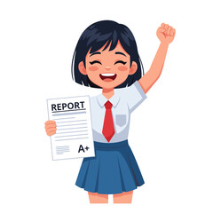 Joyful student celebrates excellent A report card with raised fist.