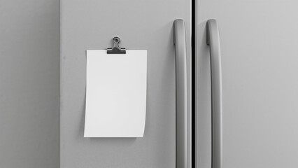 Blank sheet attached to fridge door with magnetic clip for notes