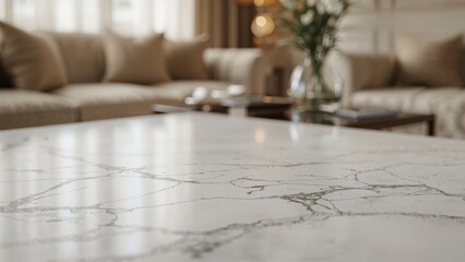 Unoccupied marble table offering copy space for showcasing items with a softly focused living area behind