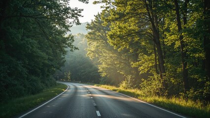 Fototapeta premium Deserted Road Cutting Through Dense Woods in Summer