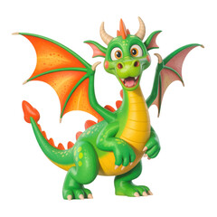 Fototapeta premium 3d Cute green dragon with orange wings isolated on transparent background