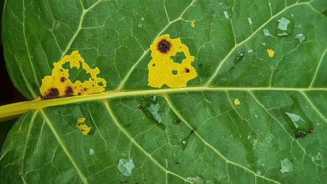 Damage on cassava leaves showing yellow and brown symptoms from biotic and abiotic stressors