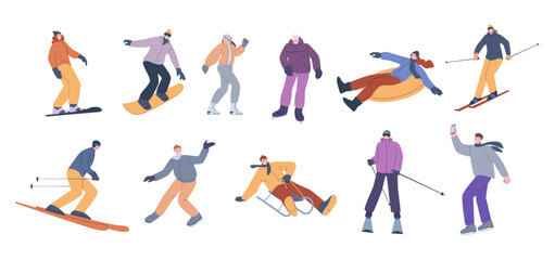 Skiing sledding and snowboarding characters. People in winter sport outfits. Sport man woman on skates. Seasonal outdoor activities, vector set