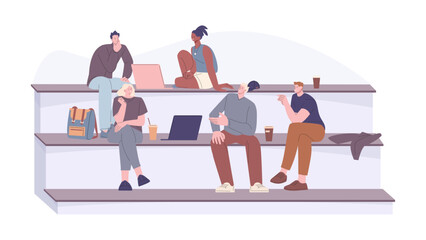 Students doing project together. Young adults, male and female characters sitting on bench with laptop and discuss. University or college study, vector scene