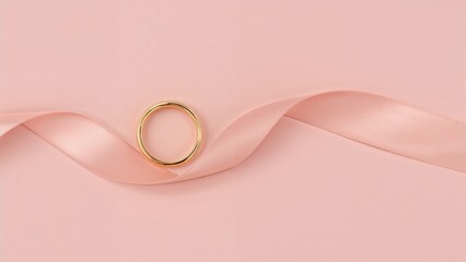 Chic marriage or engagement scene showcasing twin golden rings paired with a tender bow on a light pink surface, designed with text area