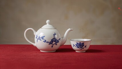 Chic Traditional Tea Ware - White Teapot and Teacup Decorated with Blue Prints on a Ruby Surface