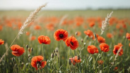 Fototapeta premium Red poppies bloom vibrantly in a natural meadow
