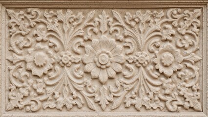 Decorative architectural details such as plaster and gypsum embellishments along with wall textures in communal outdoor locations.